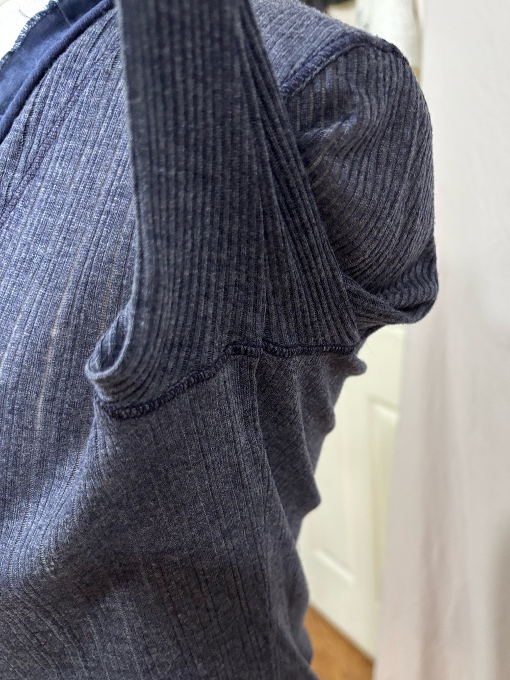 SPLENDID Navy Ribbed/Pointelle lacey Button-Front Cardigan, ribbon ruffle vneck - Picture 16 of 16